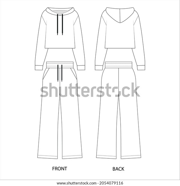 Sport suit technical sketch. Wide leg\
pants design template. Cropped hoodie design template.  Flared\
pants and cropped hoodie   vector illustrations.\
