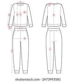 Mediciones de trajes deportivos, boceto delantero y trasero