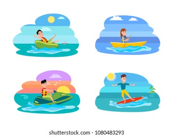 Sport summer activities collection with people, boating and surfing, set of jet-ski, vector illustration isolated on white background