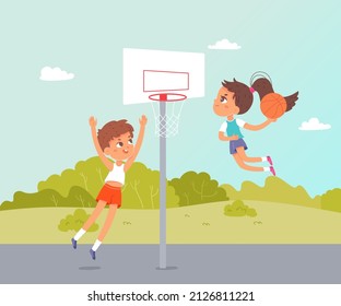 Sport summer camp, active children play basketball fun game vector illustration. Cartoon sporty players girl and boy jump high to throw ball into basket, playing action of athlete kids on school field