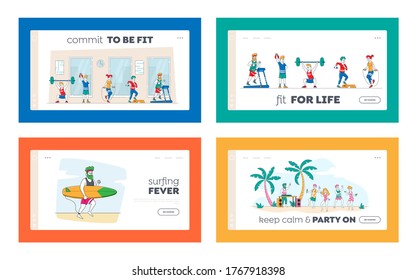 Sport and Summer Time Recreation Landing Page Template Set. Male Female Characters Exercising in Gym with Barbell, Jumping Rope and Treadmill, Surfing, Beach Party. Linear People Vector Illustration