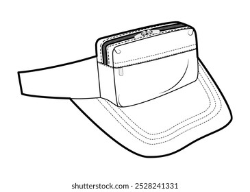 Sport Sun Visor cap with bag. Summer Head Fashion accessory hat clothing technical illustration. Vector headgear for Men, women, unisex style, flat template CAD mockup sketch outline isolated