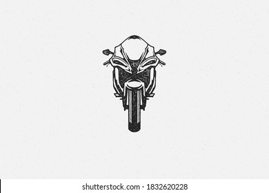 Sport superbike motorcycle silhouette front view hand drawn ink stamp vector illustration. Modern motorbike emblem grunge texture effect for poster or label decoration