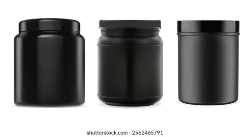 Sport supplement, bcaa, whey protein bottle set. Black plastic jar mockup. Muscle power gainer container illustration. Realistic amino pill vitamin package for bodybuilding. Creatine can