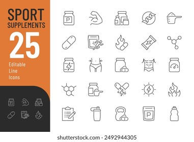 Sport supplement care Editable Icons set. Vector illustration in modern thin line style of healthy lifestyle related icons: protein, vitamins, diet, and more. Pictograms and infographics