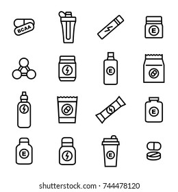 Sport Supplements Black Thin Line Icon Set For Web And App Include Of Vitamin, Pill, Bottle And Shaker . Vector Illustration Of Supplement