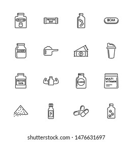 Sport Supplements, Bodybuilding Nutrition outline icons set - Black symbol on white background. Supplements Simple Illustration Symbol lined simplicity Sign. Flat Vector thin line Icon editable stroke