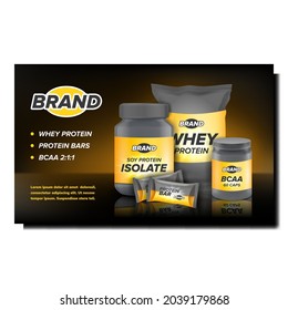 Sport Supplements Creative Promotion Poster Vector. Soy Protein And Whey, Bcaa And Bar Sport Supplements Blank Packages Advertising Banner. Sportsman Vitamin Style Concept Template Illustration