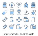 Sport supplements and fitness nutrition blue editable stroke outline icons set isolated on white background flat vector illustration. Pixel perfect. 64 x 64
