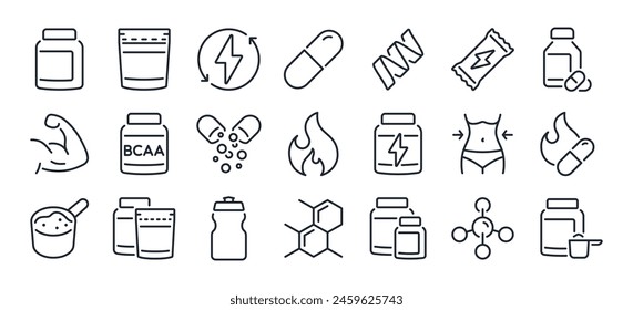 Sport supplements and fitness nutrition editable stroke outline icons set isolated on white background flat vector illustration. Pixel perfect. 64 x 64.