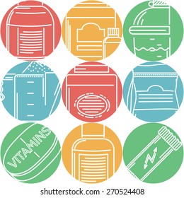 Sport supplements flat color vector icons. Set of flat colored round vector icons with white line elements of sport nutritional supplements on white background.