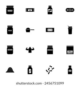 Sport Supplements icon - Expand to any size - Change to any colour. Perfect Flat Vector Contains such Icons as powder, vitamin, protein, nutrition, bottle, workout, gainer, bcaa, training, water, mass