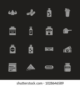 Sport Supplements icons - Gray symbol on black background. Simple illustration. Flat Vector Icon.