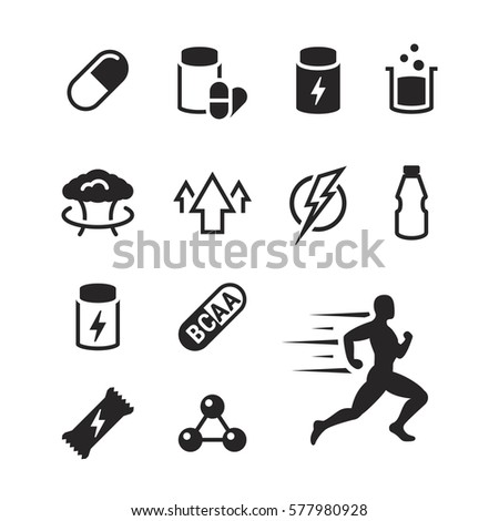 Sport supplements icons set. Black on a white background