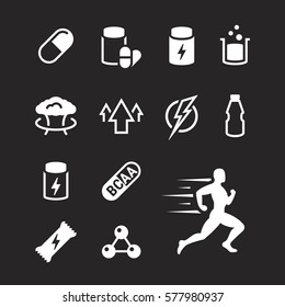 Sport supplements icons set. White on a black background