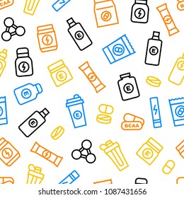Sport Supplements Seamless Pattern Background on White for Web and App Include of Vitamin, Pill, Bottle and Shaker . Vector illustration of Supplement
