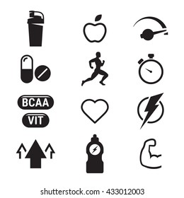 sport supplements: vitamins, pills, energy icons black on white background