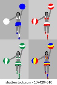 Sport supporter cheerleader silhouette with pom pom. All the objects and four different silhouettes are in different layers. 