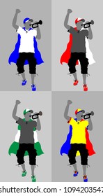 Sport supporter silhouette with bugle and cloak flag. All the objects and four different silhouettes are in different layers. 