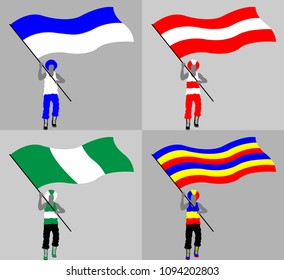 Sport supporter silhouette with flag and curly wig. All the objects and four different silhouettes are in different layers. 