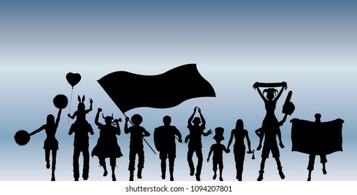 Sport supporter silhouette in front of blue sky. All the objects and four different silhouettes are in different layers. 