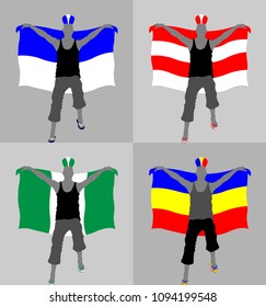 Sport supporter silhouette with punk hairstyle and flag. All the objects and four different silhouettes are in different layers.