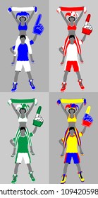 Sport supporter silhouette with scarf and foam finger. All the objects and four different silhouettes are in different layers. 