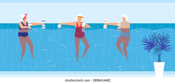 Sport swim activity in pool vector illustration. Cartoon flat elderly woman swimmer character group doing exercise with dumbbells, active old people swimming in blue pool water of aqua park background