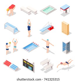 Sport swimming pool set of isometric icons with athletes, diving boards, tribunes, lockers, shower isolated vector illustration