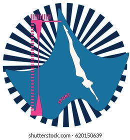 Sport swimming silhouette woman jump with a springboard isolated on rays blue background abstract art creative modern flat style minimalism vector