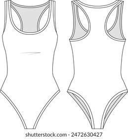 Sport swimsuit flat sketch. Bathing suit apparel design. Front and back. CAD mockup. Technical drawing template. Vector illustration.