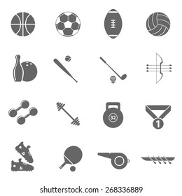 Sport symbols black icons collection with weightlifting barbells and table tennis winner medal abstract isolated vector illustration