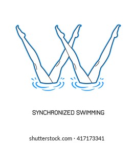 Sport. Synchronized swimming. Pair performance synchronized swimmers. Line style.