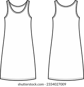 Sport tank top dress flat sketch. Casual gown apparel design. Front back. Women CAD mockup. Fashion technical drawing template. Vector illustration.