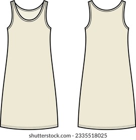 Sport tank top dress flat sketch. Casual gown apparel design. Front and back. Women CAD mockup. Technical drawing template. Vector illustration.