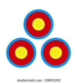 Sport. Target shooting from a block, classic bow, crossbow. Target for archery and crossbow with colored bands and outline. For hall, sports club and stadium, glade. Vector illustration background. 