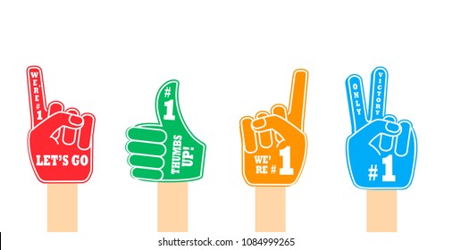 Sport team fans. Raised hands wearing foam fingers. Flat style illustration