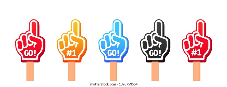 Sport team fans. Raised hands wearing foam fingers. Hand up with Go text. Vector on isolated white background. EPS 10