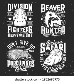 Sport team and hunting club mascot t-shirt print. Hippopotamus muzzle, beaver and porcupine engraved sketch vector. African safari hunting, fighters sport team apparel custom design print template