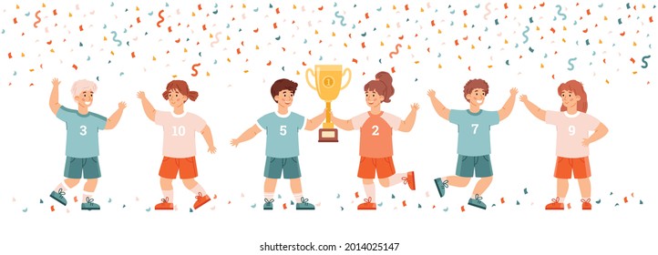 Sport team of kids celebrating victory, flat vector illustration isolated on white background. Cheerful children holding golden trophy cup among confetti.