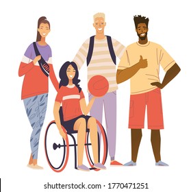 Sport Team Portrait. Happy disabled girl sitting in wheelchair and holding basketball ball. A young woman with a disability plays basketball in a wheelchair. Inclusiveness, activity of the disabled