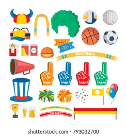 Sport Team Supporters Tools Set Vector. Accessories. Hat, Flag, Scarf. Isolated Flat Cartoon Illustration