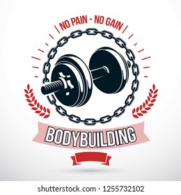 Sport team vector graphic emblem composed using dumbbell with weight discs and round iron chain.
