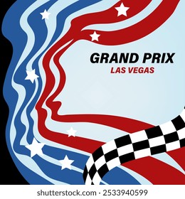  Sport Template Design für Sportveranstaltung.Autorennen Hintergrund mit abstrakten Wellenlinien und eine Flagge. Grand prix 2024 Las Vegas. Vektorgrafik