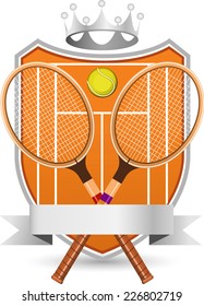 Sport Tennis Field with racket and ball silver crowned Emblem vector illustration.