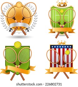 Sport Tennis racket ball emblem with crown and Star shape, banner vector illustration.
