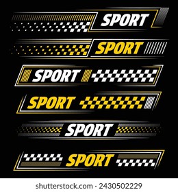 Sport text racing car and moto decals design with halftone and checkered patterns