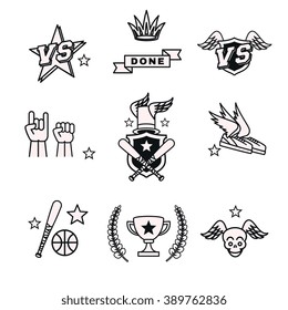 Sport theme logos set: rock symbol, shield with crossed bats, flying sneakers, flying skull badge, black and white isolated vector illustrations.