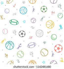 Sport theme seamless pattern background; football; baseball; volleyball; basketball