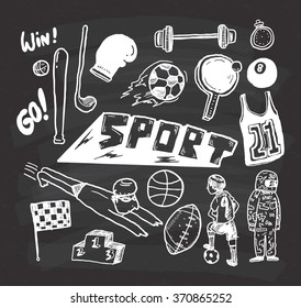 sport themed doodle on chalkboard background